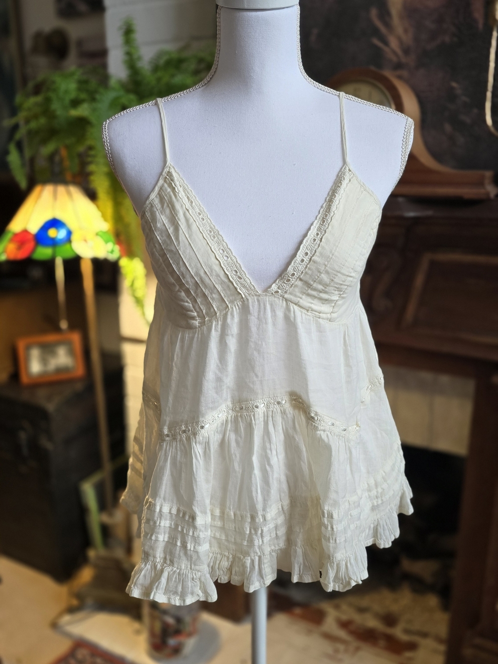 Cream Lace Trim Spaghetti Strap Camisole Top Size M